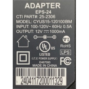 CARGADOR / ADAPTADOR DE FUENTE DE ALIMENTACION COMCAST / VCA-VCD / NUMERO DE PARTE 25-2306 / EPS-24 / ENTRADA VCA 100-120V~ 60HZ 0.5A / SALIDA VCD 12V 1000MA / MODELO CYUS15-120100BM